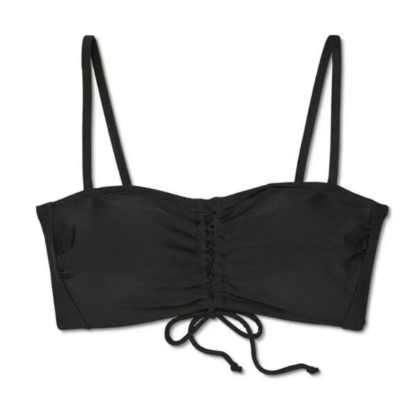 Xhilaration Ruched Bandeau Bikini Top Black Medium Drawstring Front NWOT - Picture 2 of 4